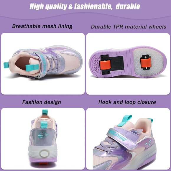 Kid's Girls Purple USB Chargable LED Lighting Roller Wheeled Skate Sneaker Shoes - Picture 4 of 6